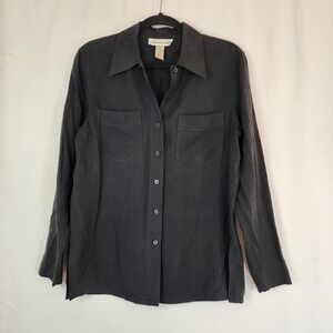 JONES NEW YORK Women's 100% Silk Long Sleeve Button Up Blouse Solid Black Sz 6/S